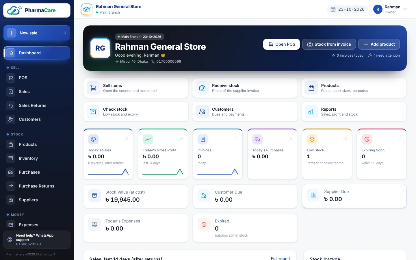 Shop dashboard: today's sales, profit and low stock at a glance